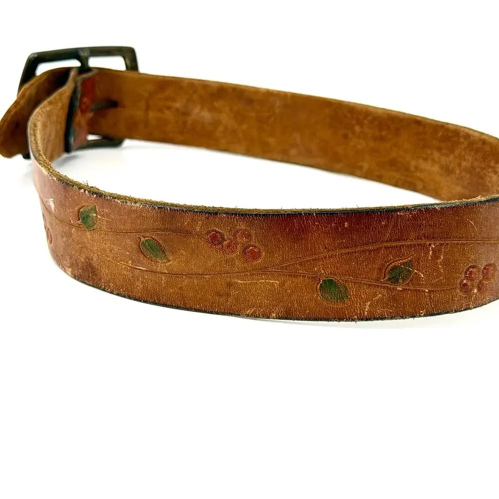 Vintage 70s Brown Leather Hand-Tooled Cherry Leaf Belt
